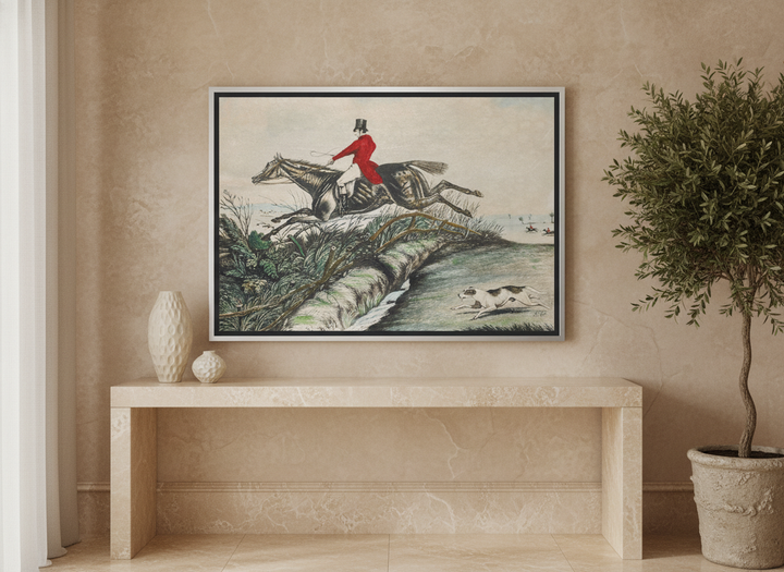 Canvas wall art with a silver leaf surround standing on a console in a luxe dining room
