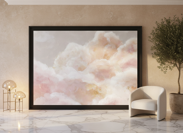 Oversized statement modern wall art print leaning against the wall in a luxe bedroom