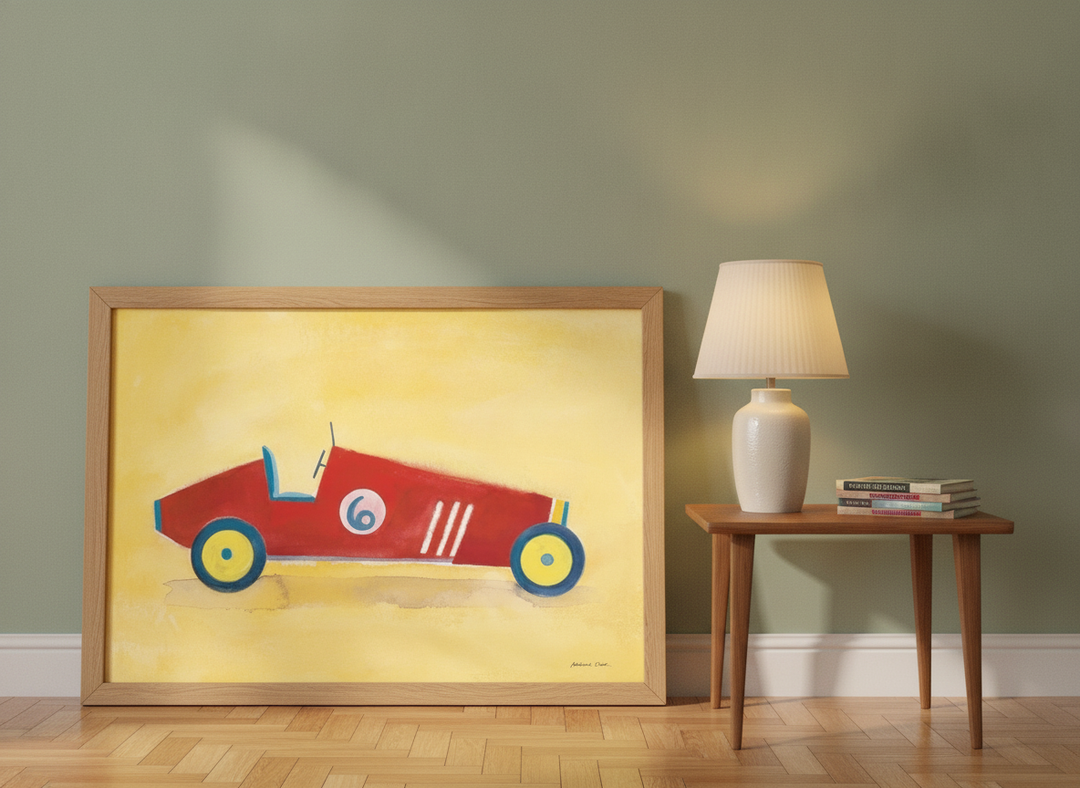 Modern wall art print leaning against the wall in a mid-century home office