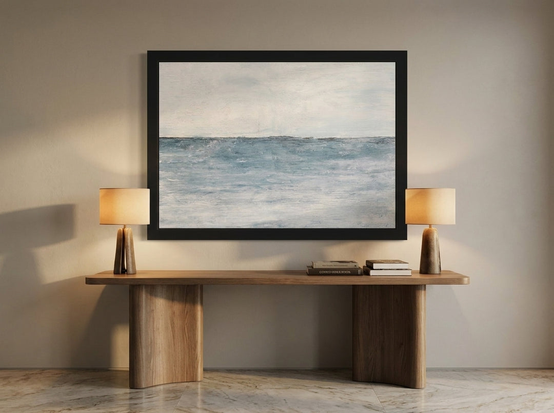 Modern wall art print styled on the wall in a luxe home office