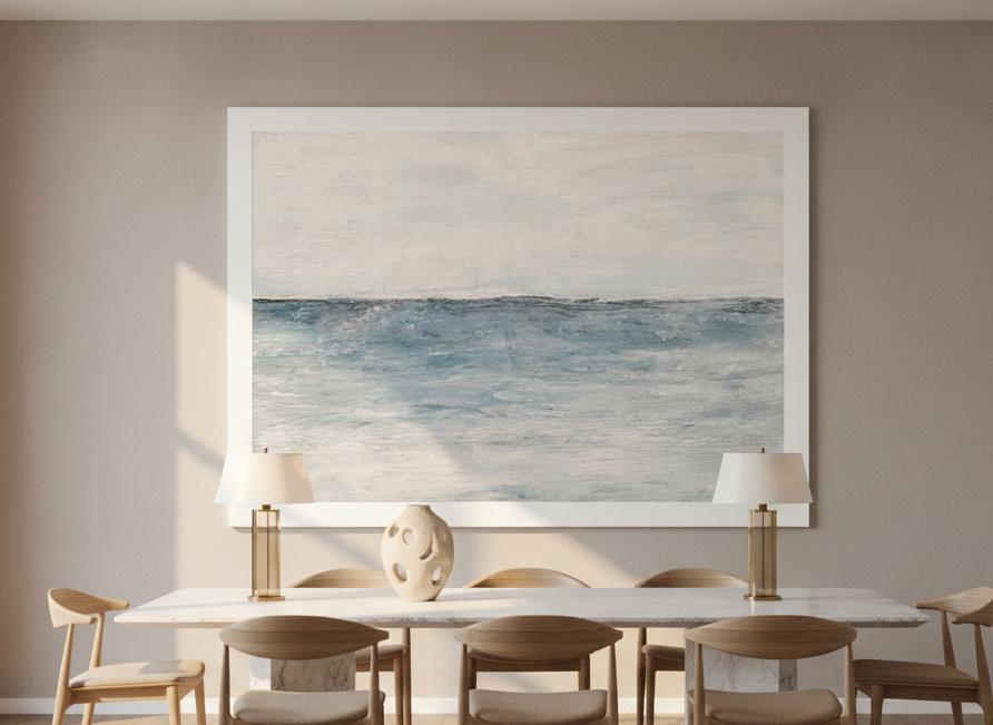 Oversized statement modern wall art print styled on the wall in a luxe dining room