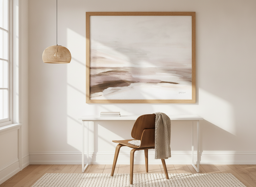 Modern wall art print styled on the wall in a bright Scandinavian home office