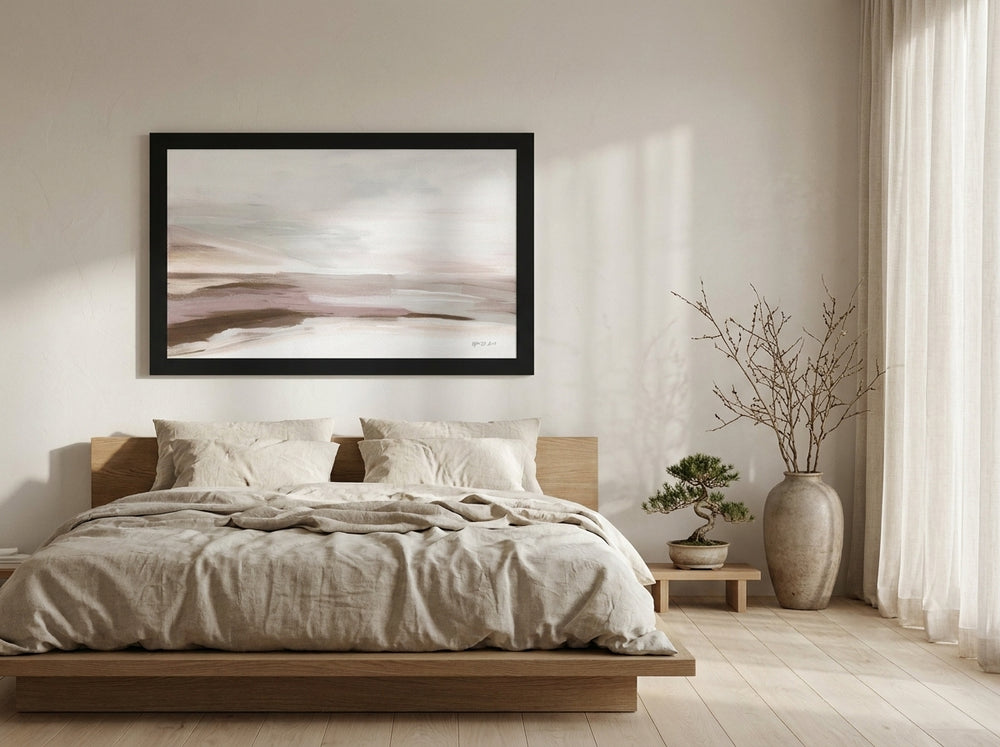Modern wall art print styled on the wall in a warm Japandi bedroom