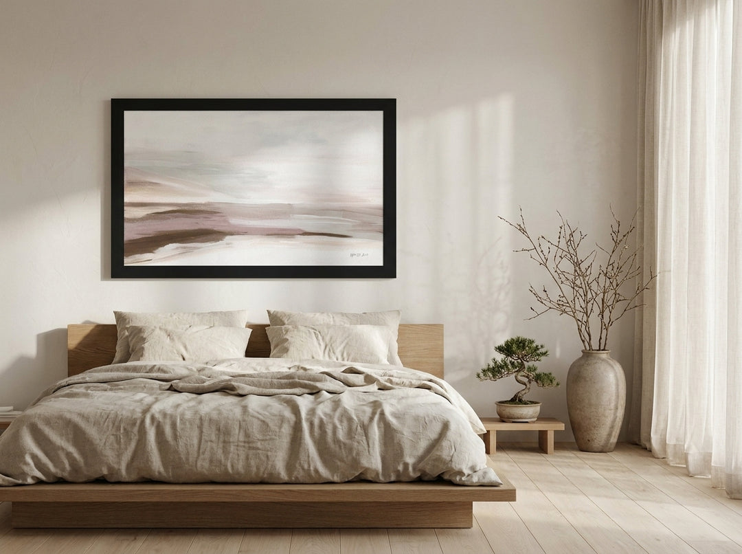 Modern wall art print styled on the wall in a warm Japandi bedroom