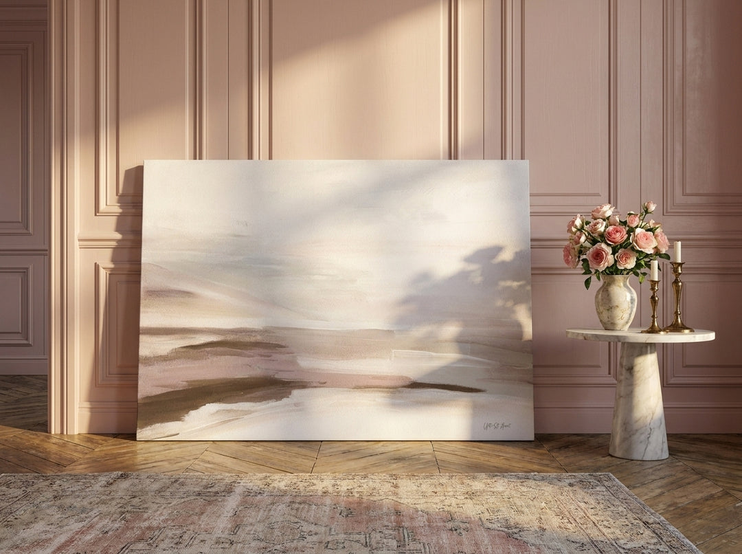Stretched canvas wall art leaning against the wall in a Parisian bedroom