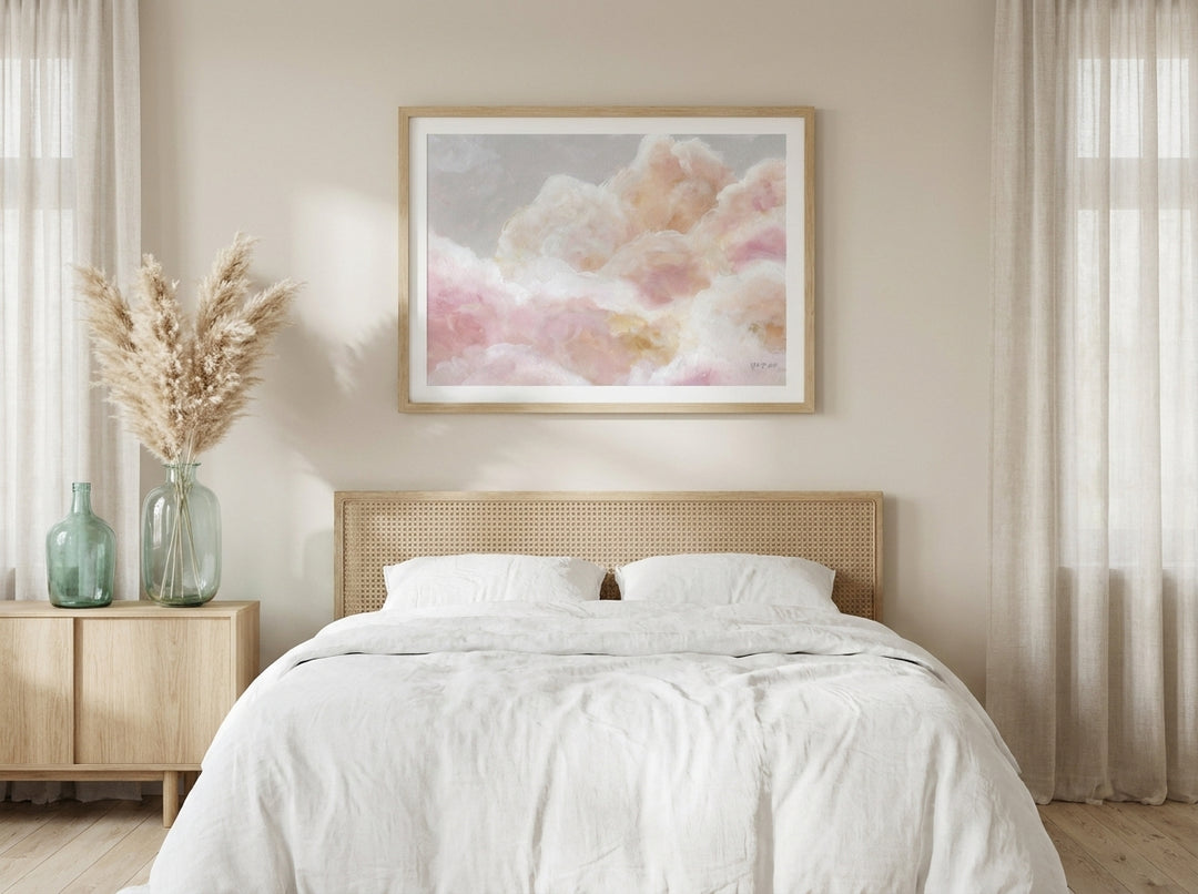 Modern wall art print styled on the wall in a coastal bedroom