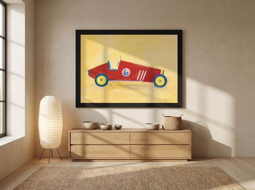 Oversized statement modern wall art print styled on the wall in a warm Japandi nursery