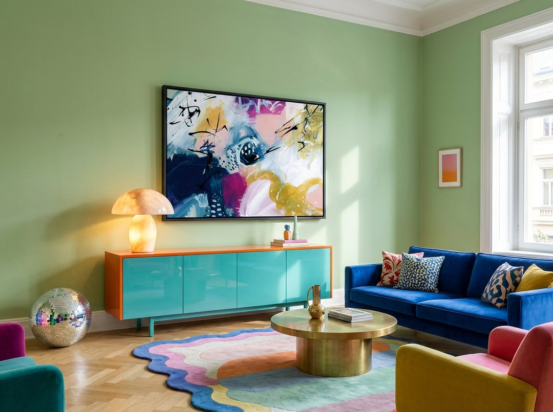 Oversized statement canvas wall art with a black surround styled on the wall in a colourful eclectic living room