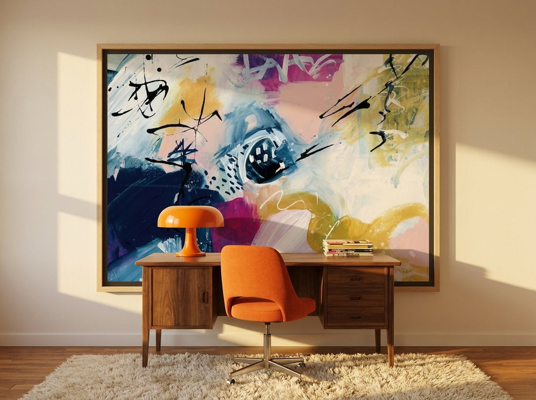 Canvas wall art with a natural timber surround styled on the wall in a retro 70s home office