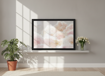 Modern wall art print standing on a shelf in a bright Scandinavian nursery