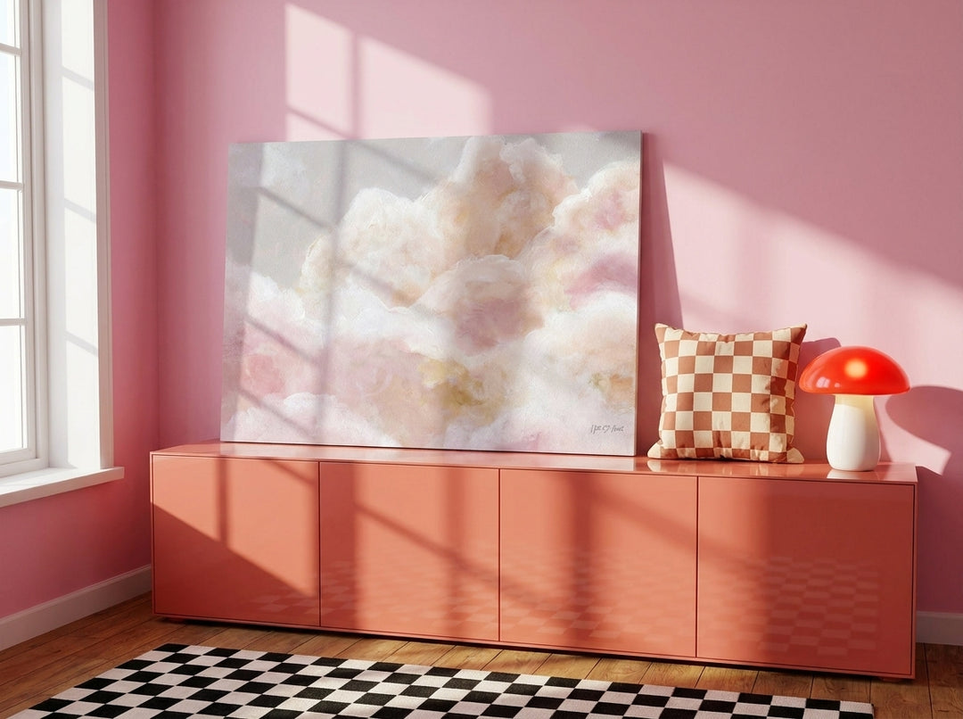 Stretched canvas wall art standing on a sideboard in a colourful eclectic nursery