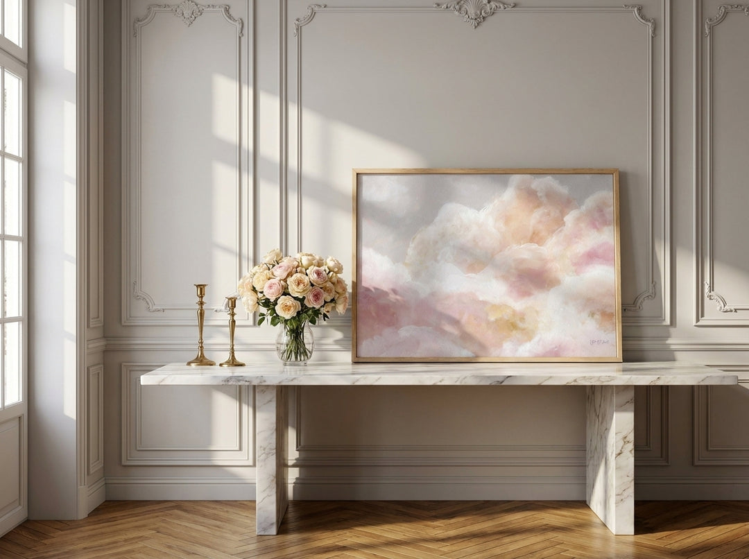 Modern wall art print standing on a console in a Parisian bathroom