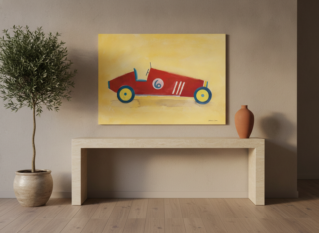 Stretched canvas wall art standing on a console in a luxe living room