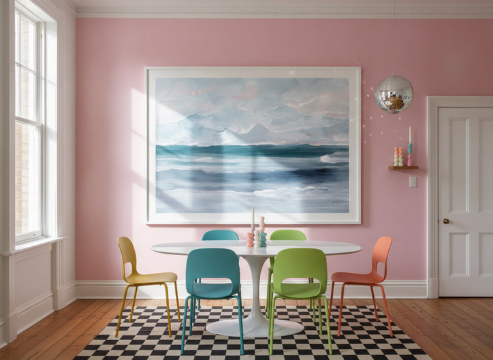 Oversized statement modern wall art print styled on the wall in a colourful eclectic dining room