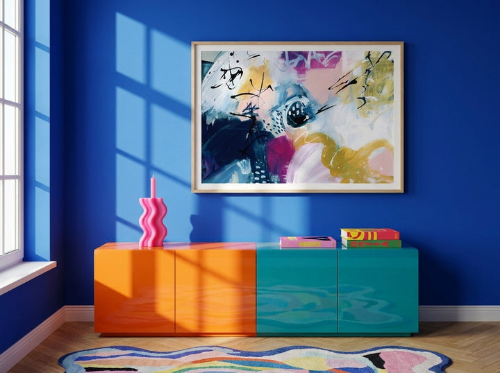 Modern wall art print styled on the wall in a colourful eclectic living room
