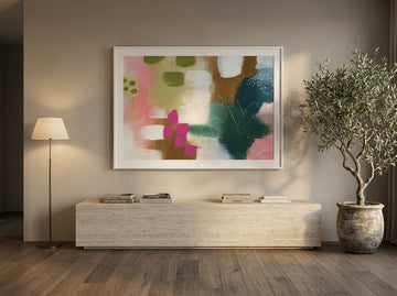 Oversized statement modern wall art print styled on the wall in a luxe living room