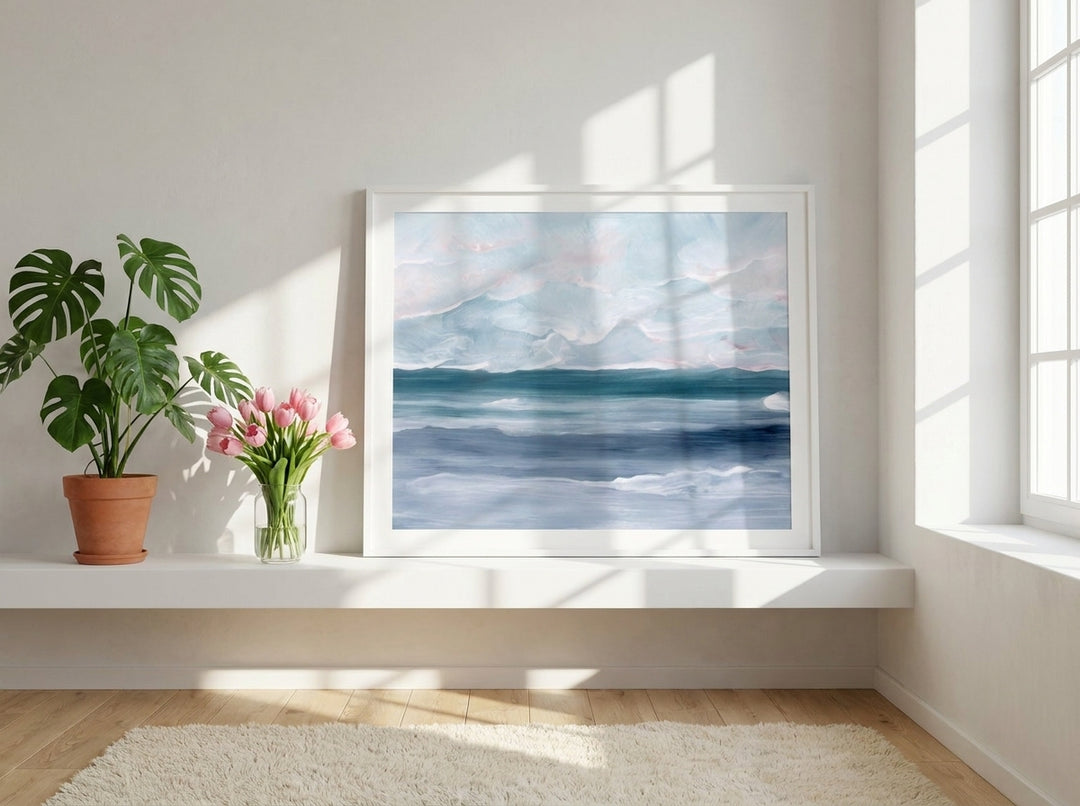 Modern wall art print standing on a shelf in a bright Scandinavian bedroom