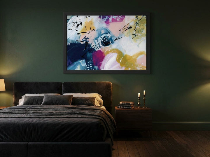 Modern wall art print styled on the wall in a moody bedroom