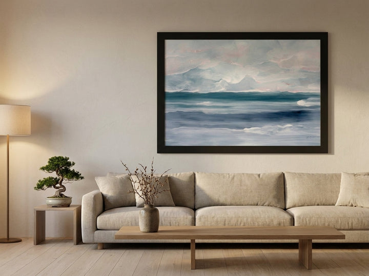 Oversized statement modern wall art print styled on the wall in a warm Japandi living room