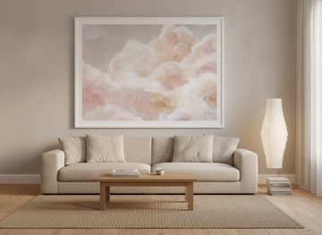 Oversized statement modern wall art print styled on the wall in a warm Japandi living room