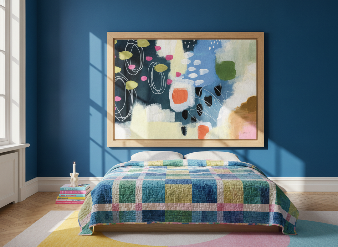 Oversized statement modern wall art print styled on the wall in a colourful eclectic bedroom