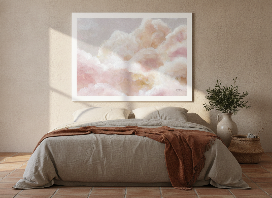 Modern wall art print styled on the wall in a Mediterranean bedroom