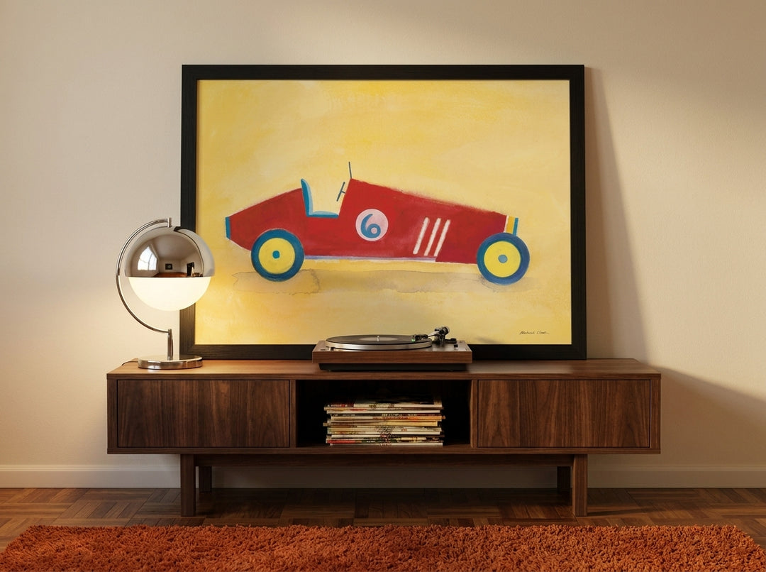 Modern wall art print standing on a sideboard in a retro 70s bedroom