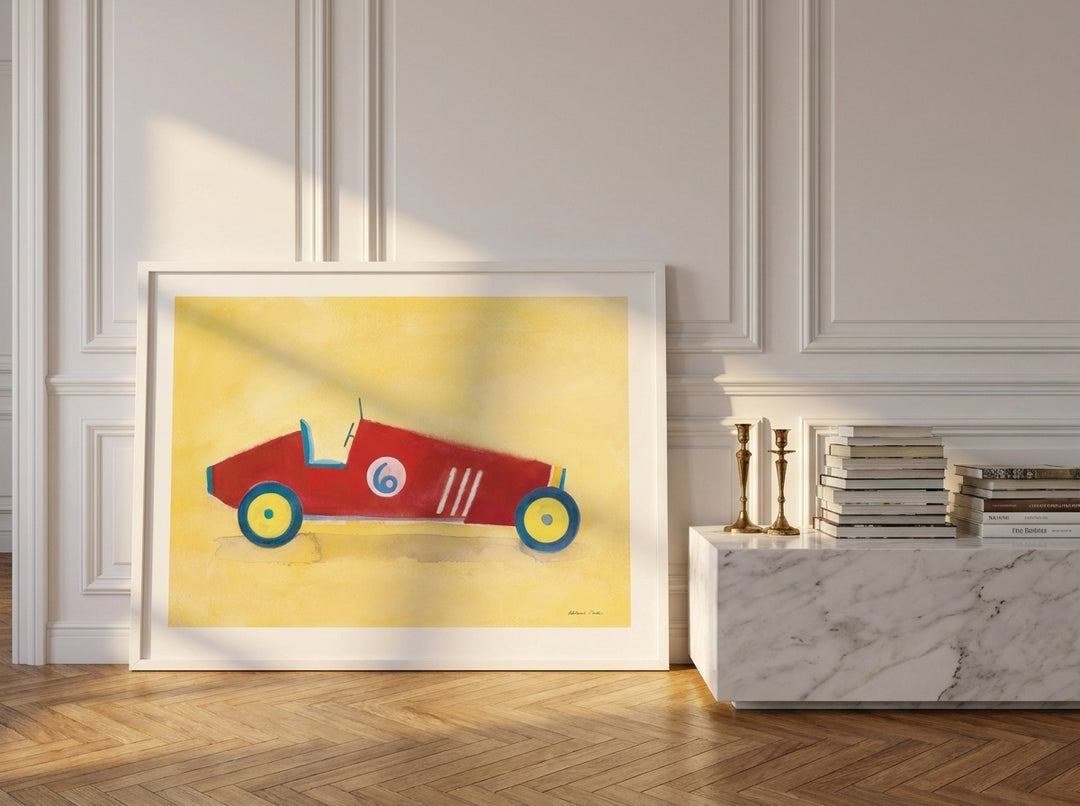 Modern wall art print standing on a console in a Parisian bedroom