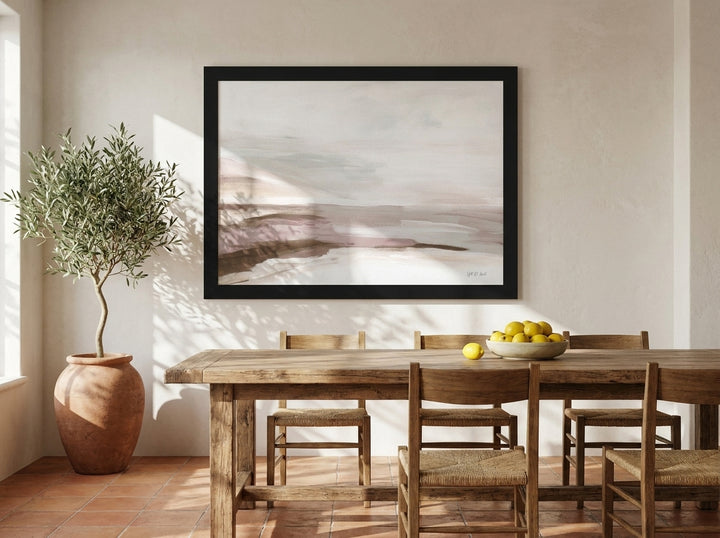 Oversized statement modern wall art print styled on the wall in a Mediterranean dining room