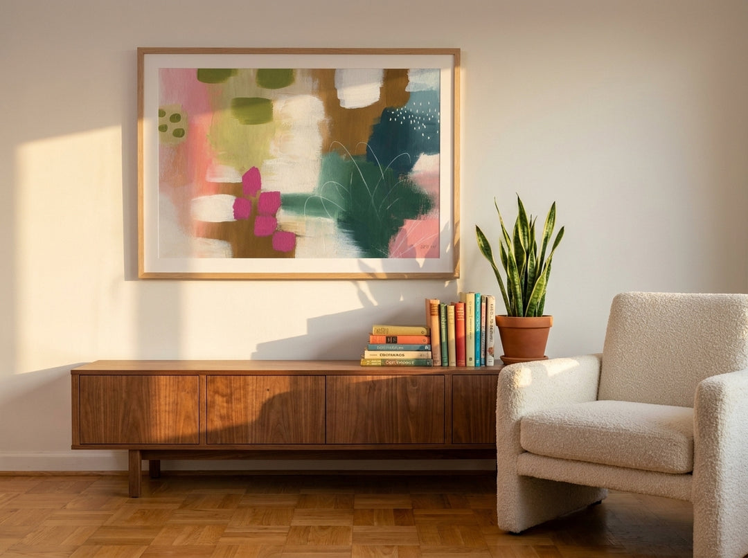 Modern wall art print styled on the wall in a mid-century living room