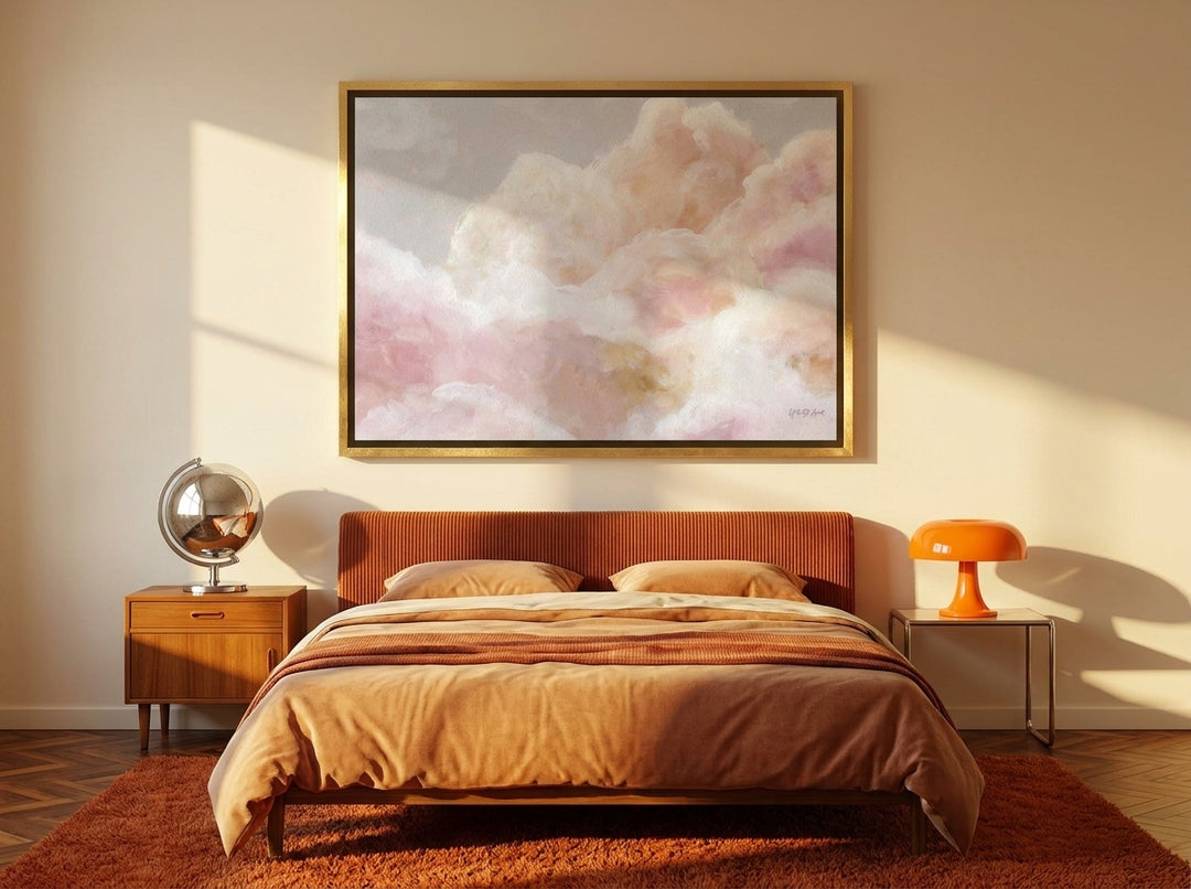 Canvas wall art with a gold leaf surround styled on the wall in a retro 70s bedroom