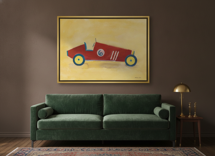 Oversized statement canvas wall art with a gold leaf surround styled on the wall in a moody living room