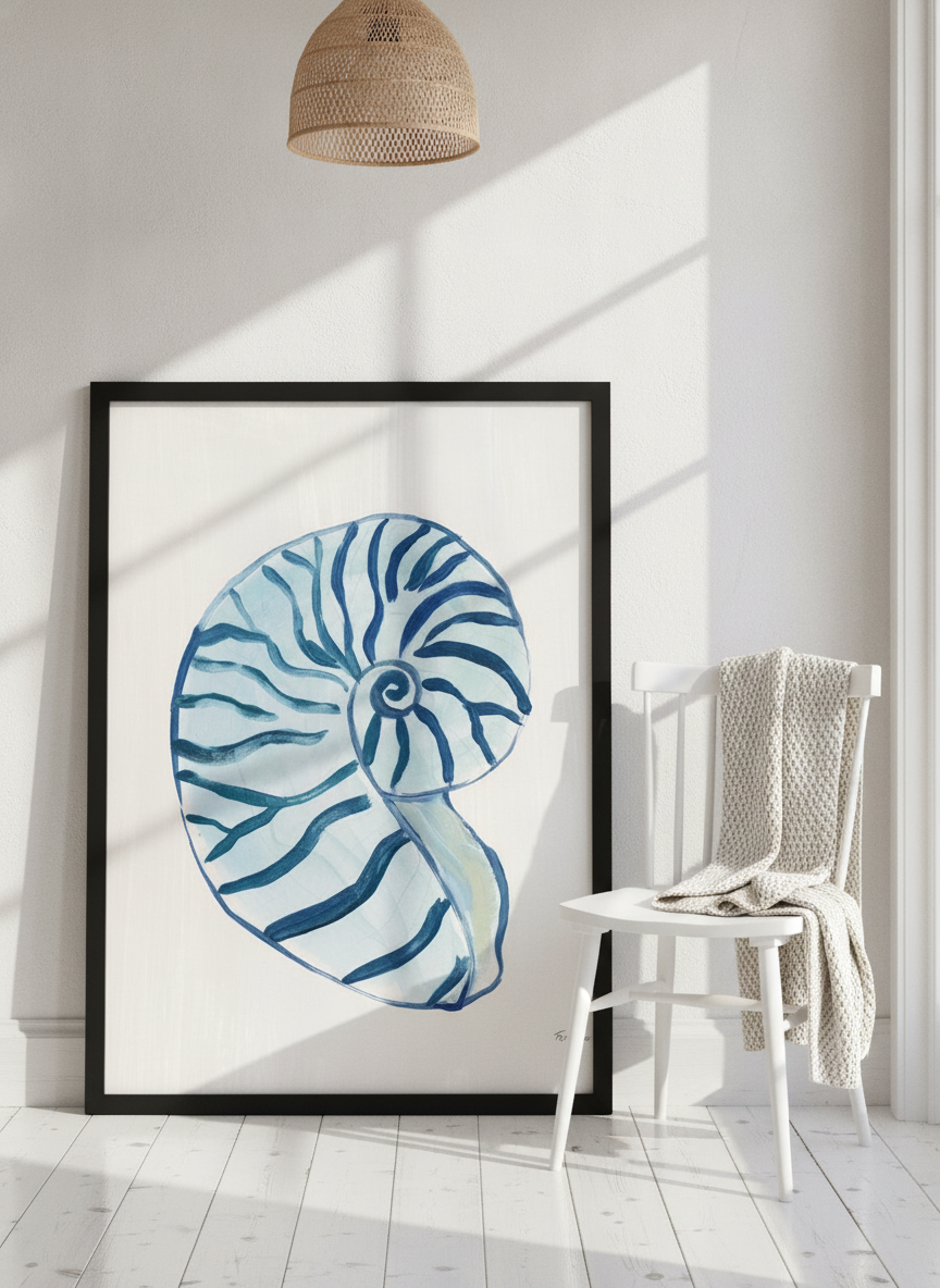 Modern wall art print leaning against the wall in a bright Scandinavian bathroom