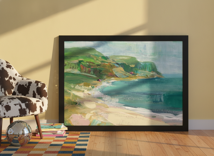 Modern wall art print leaning against the wall in a colourful eclectic home office