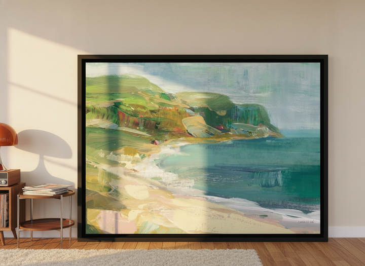 Oversized statement canvas wall art with a black surround leaning against the wall in a retro 70s dining room
