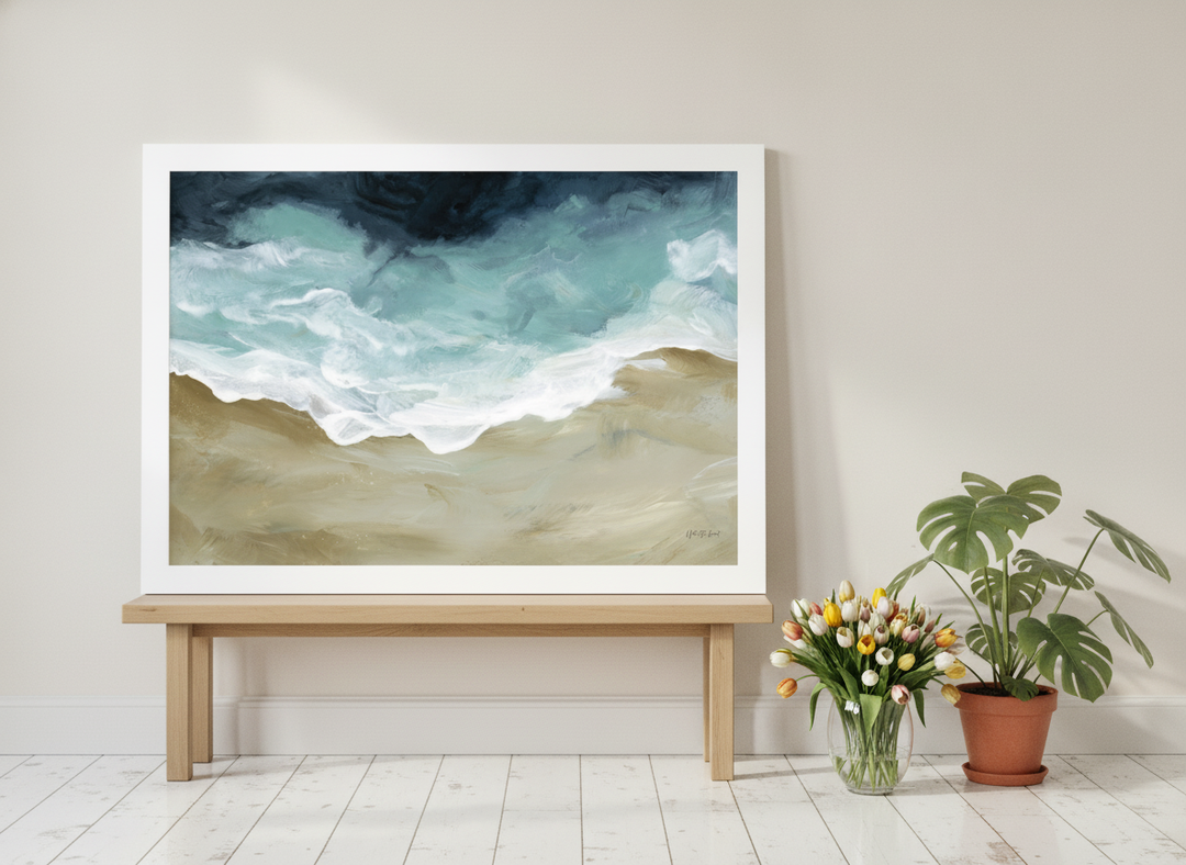 Modern wall art print standing on a bench in a bright Scandinavian bedroom