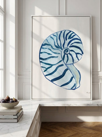 Canvas wall art with a white surround standing on a console in a Parisian dining room