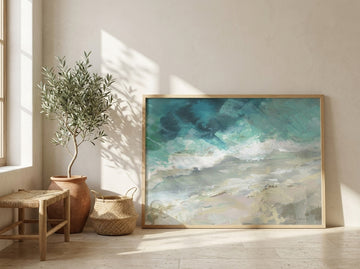 Modern wall art print leaning against the wall in a Mediterranean bathroom