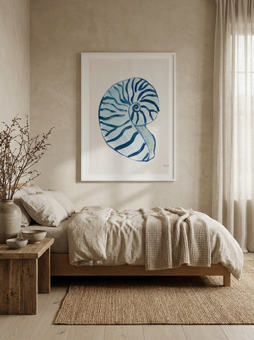Modern wall art print styled on the wall in a warm Japandi bedroom