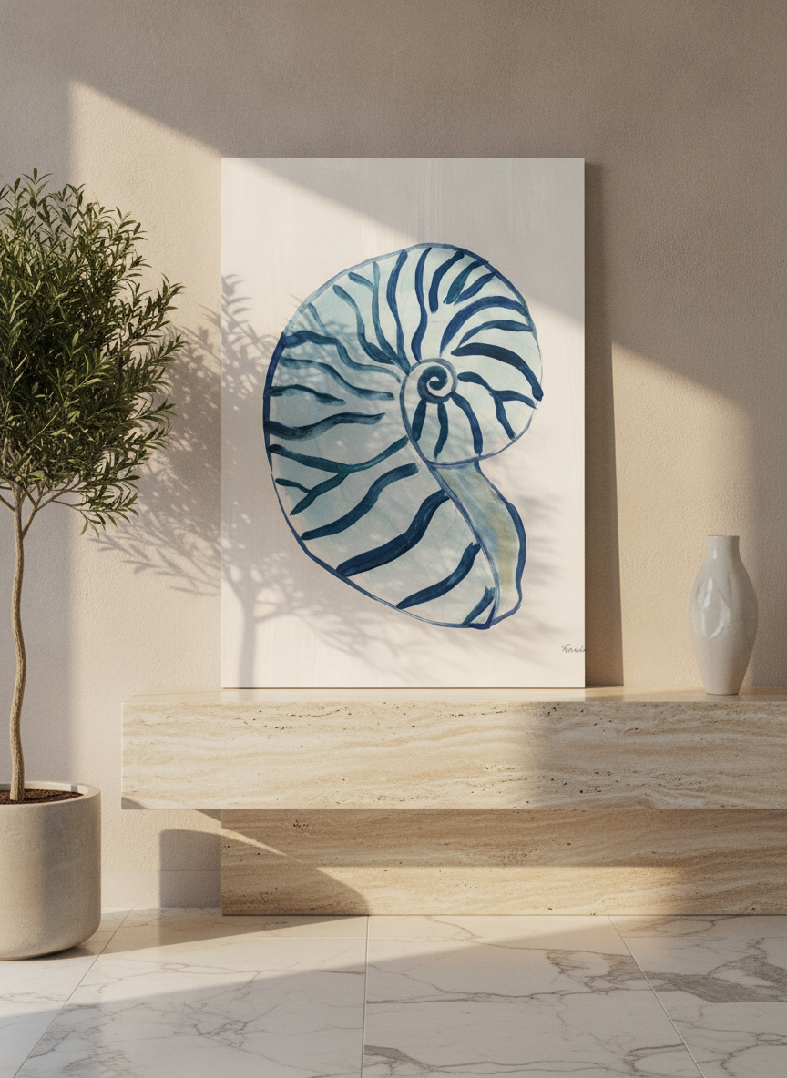 Stretched canvas wall art standing on a console in a luxe bathroom
