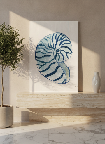 Stretched canvas wall art standing on a console in a luxe bathroom