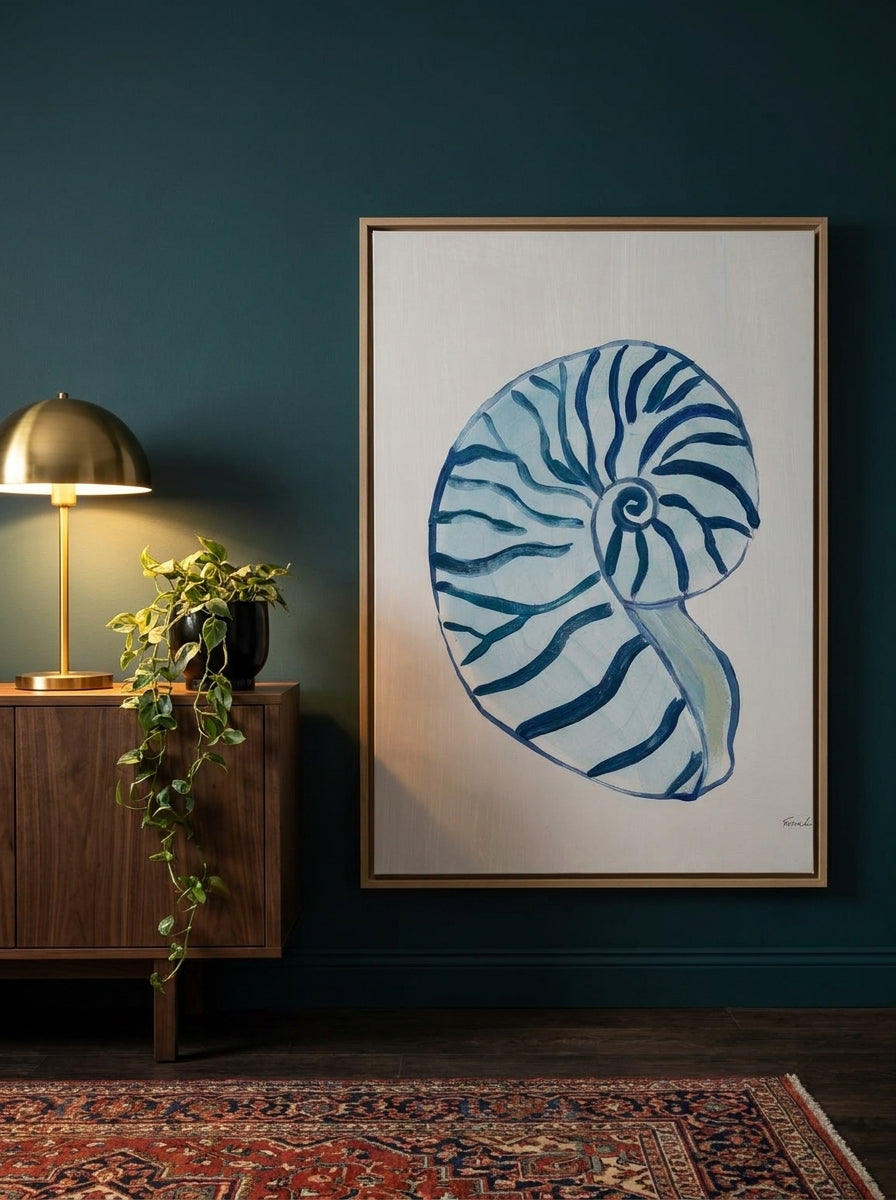 Canvas wall art with a natural timber surround standing on a sideboard in a moody bedroom