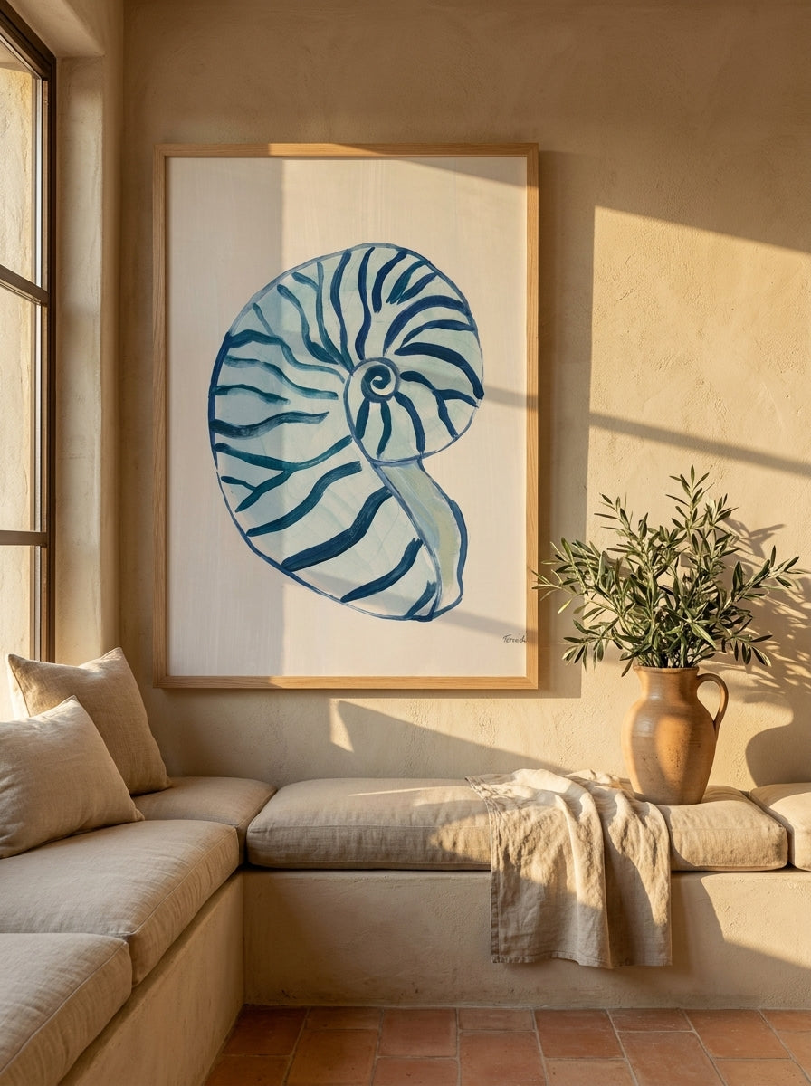 Oversized statement modern wall art print styled on the wall in a Mediterranean living room