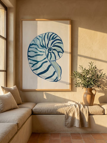 Oversized statement modern wall art print styled on the wall in a Mediterranean living room