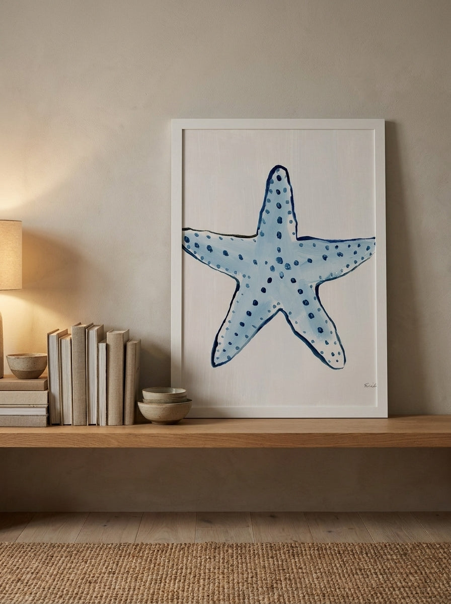 Modern wall art print standing on a shelf in a warm Japandi bedroom