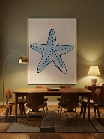Oversized statement modern wall art print styled on the wall in a mid-century dining room