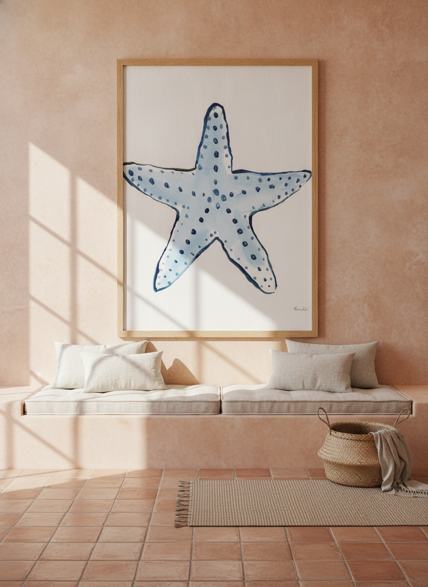 Oversized statement modern wall art print styled on the wall in a Mediterranean living room