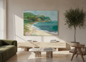 Stretched canvas wall art styled on the wall in a luxe living room
