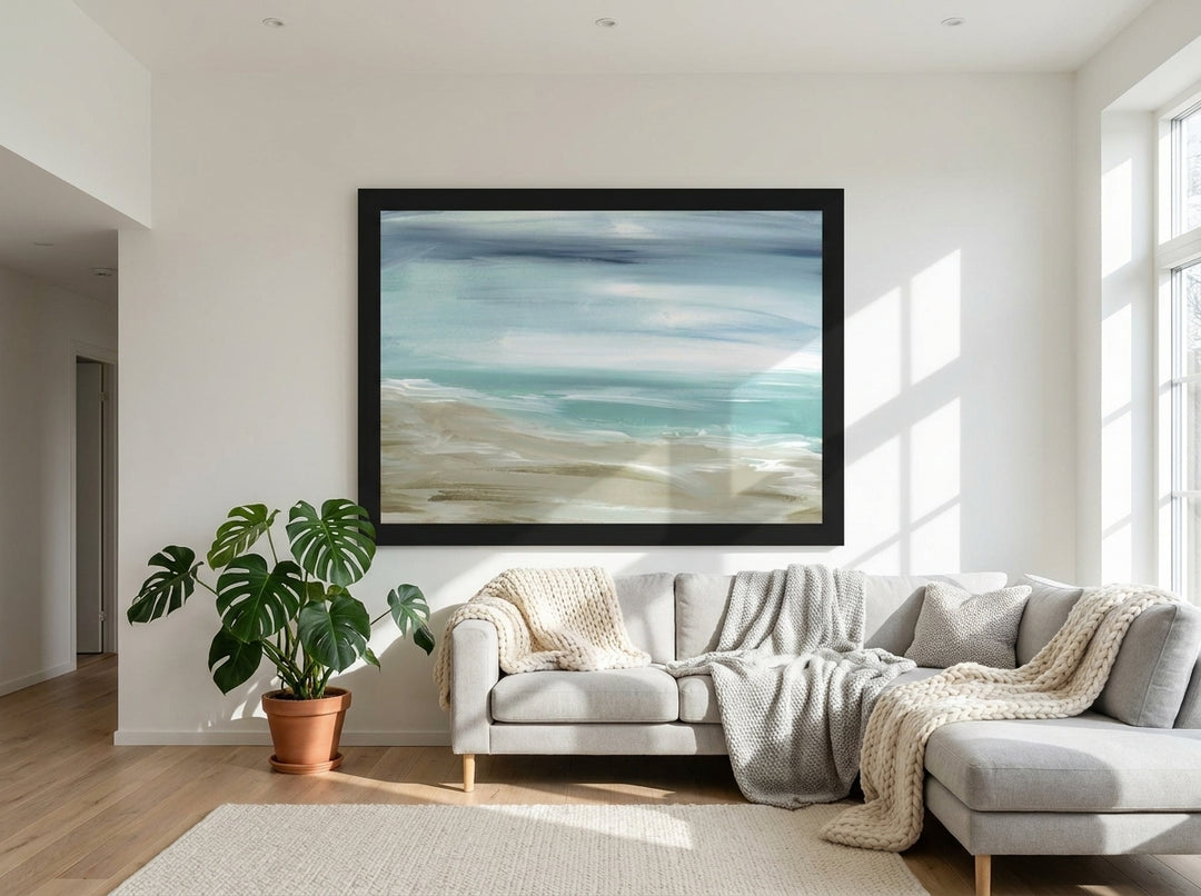 Oversized statement modern wall art print styled on the wall in a bright Scandinavian living room