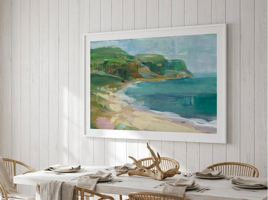 Modern wall art print styled on the wall in a coastal dining room